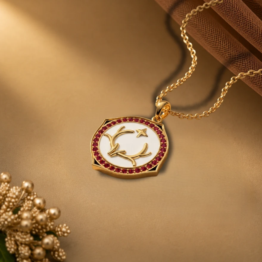 A gold-plated pendant set with a row of tiny garnet around a white enamel center with an engraved deer antler and star motif.