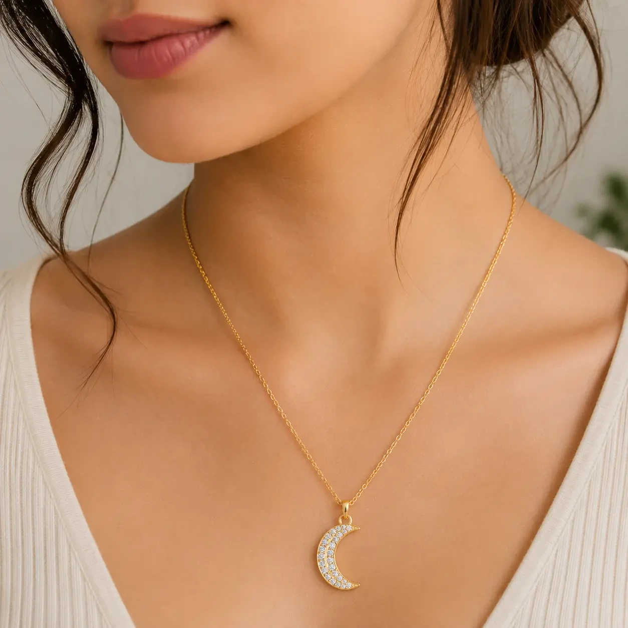 Gold Plated Diamond Moon Necklace