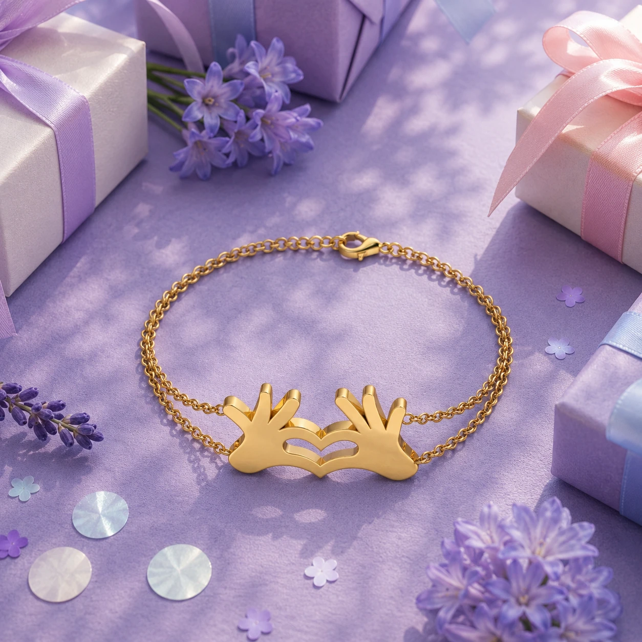 Gold-plated double strand bracelet highlighting two hands interlocking to form a central heart motif