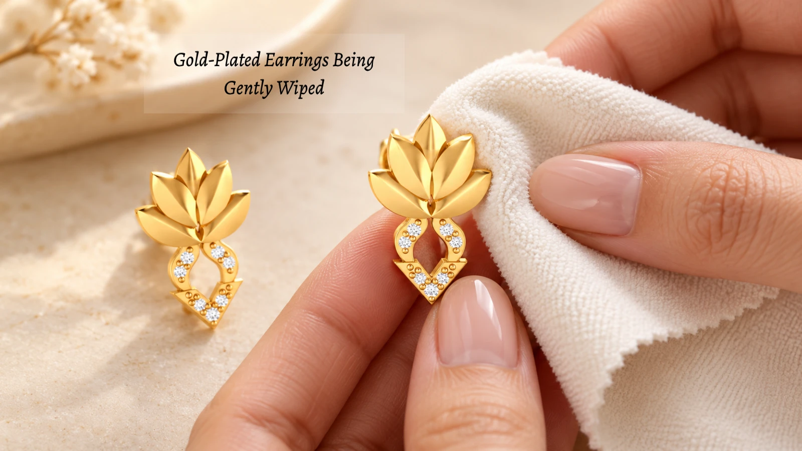 Gold-plated floral earrings being gently wiped with a soft microfiber cloth for safe jewelry care.