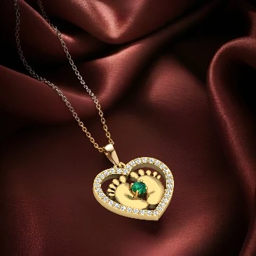 Gold Plated Emerald Heart Baby Feet Charm Pendant