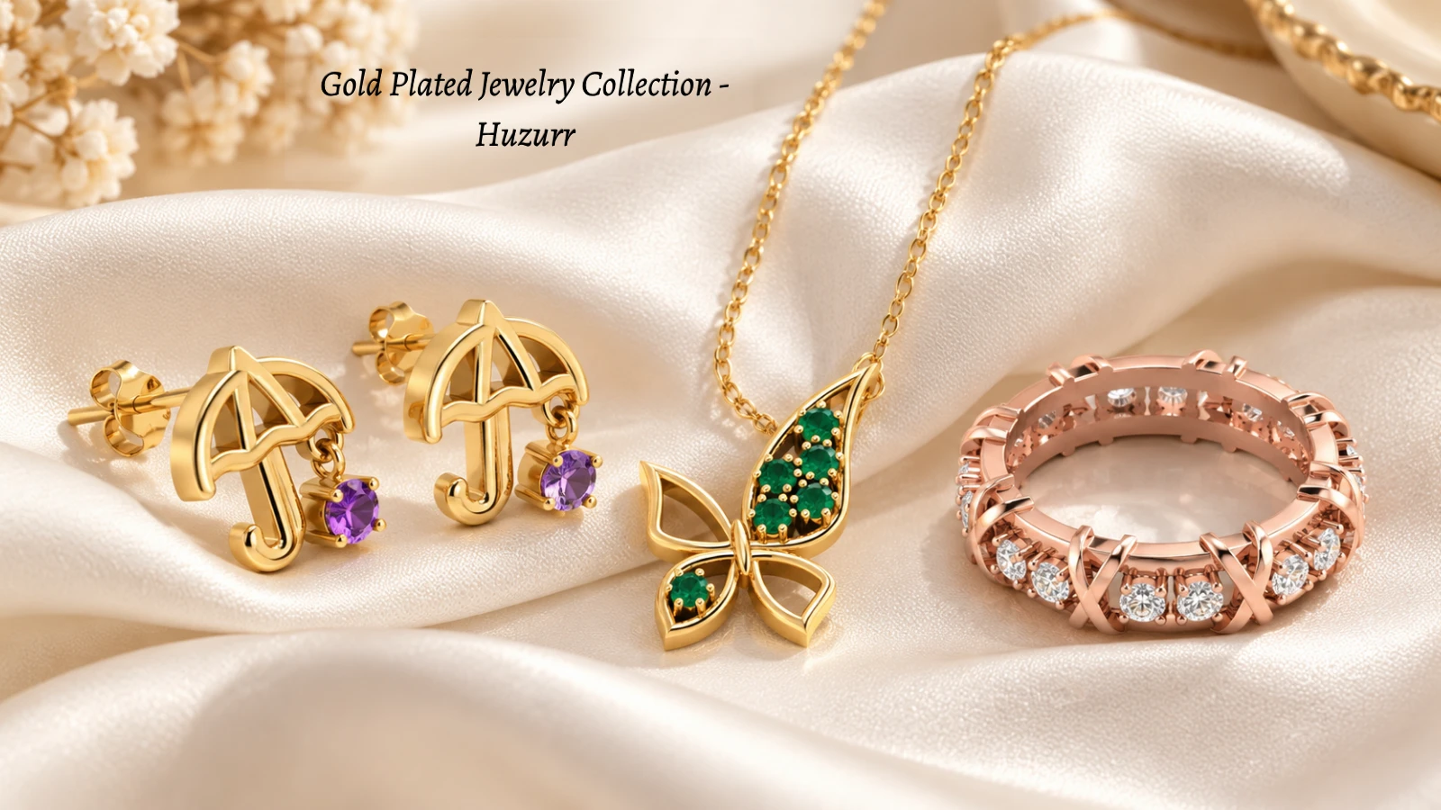 Elegant Huzurr-style gold-plated earrings, an emerald necklace, and a rose gold ring