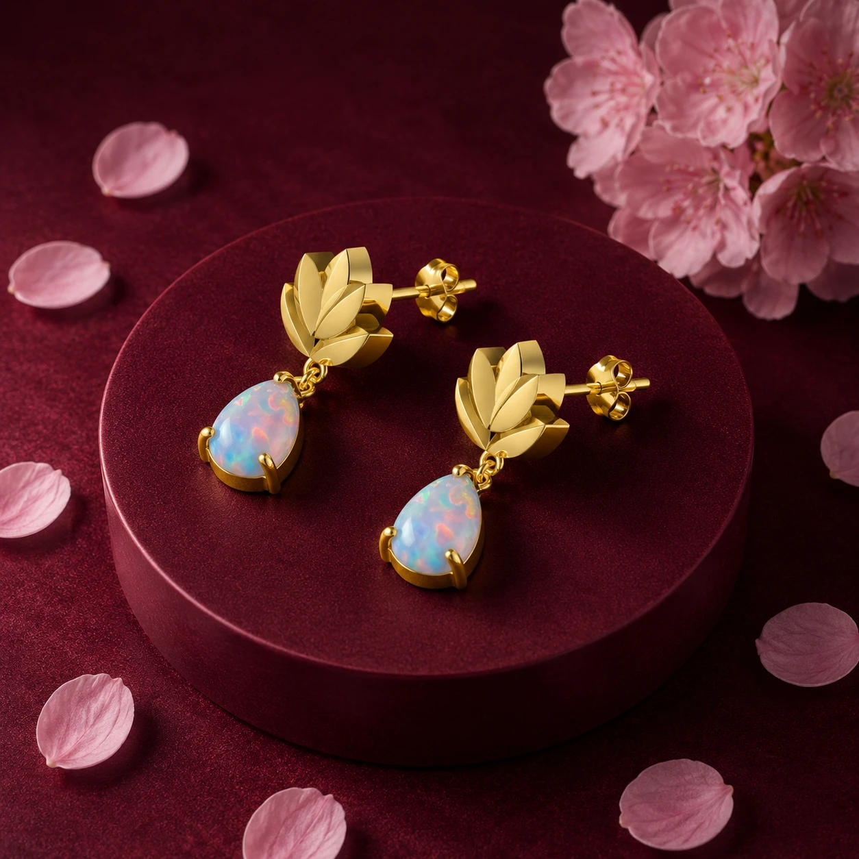 Leaf-design teardrop earrings featuring a pear-cut opal set on gold-plated metal posts