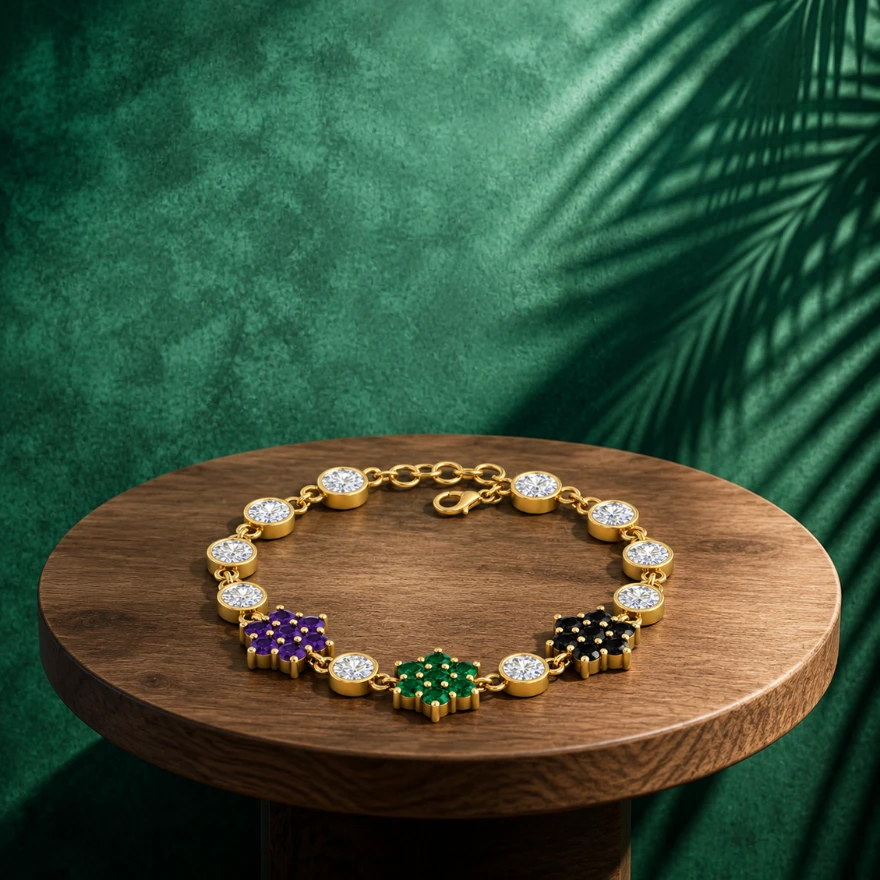 Multi color gemstone flower clusters bracelet connect to a gold plated chain with round diamonds