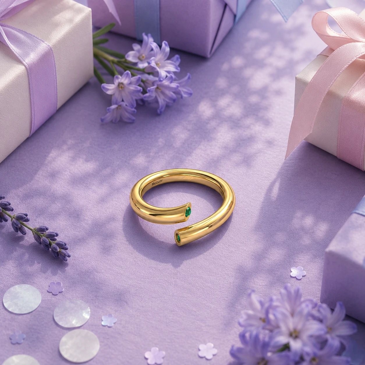 Minimalist gold-plated bypass open ring featuring a vivid green round-cut emerald stone
