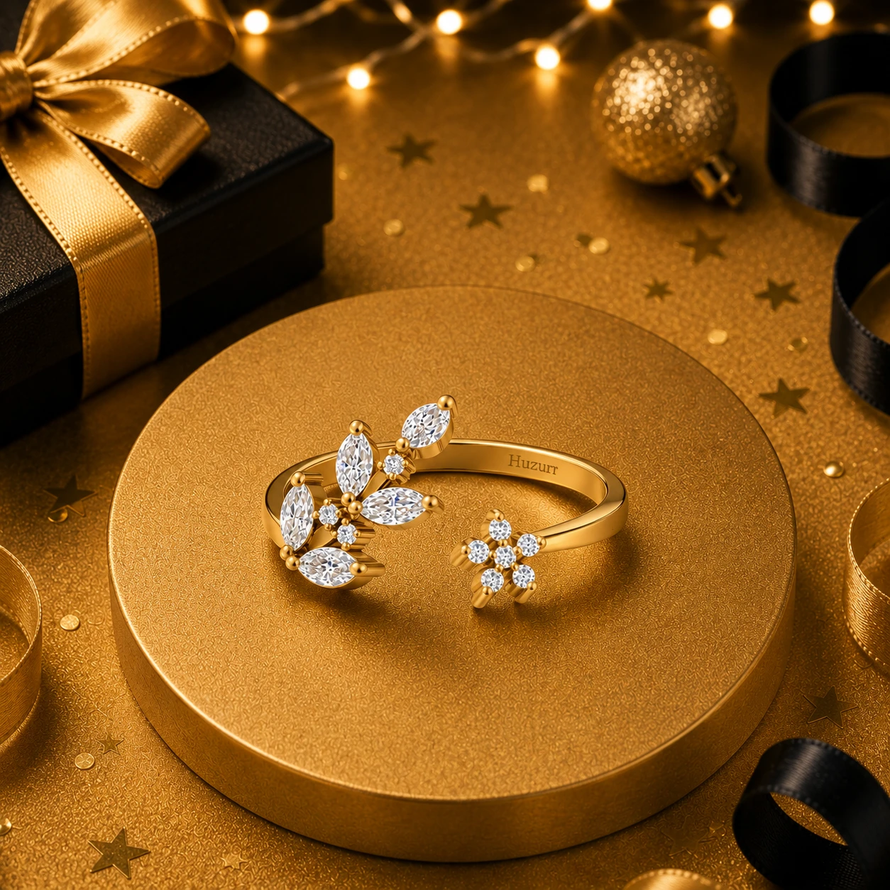 Gold plated open wrap band displaying delicate marquise diamond leaves clustered next to a small sparkling floral cluster