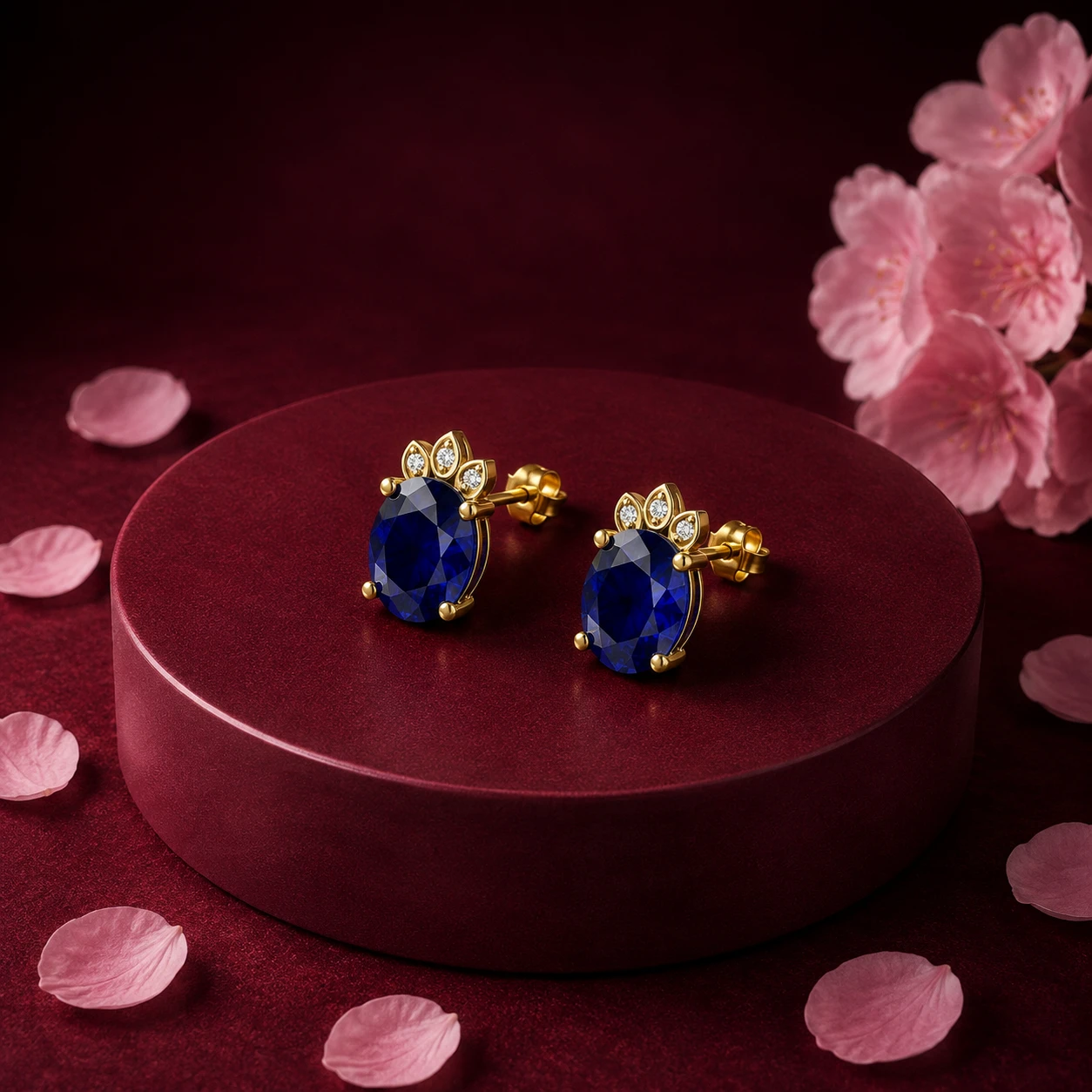 Crown-top gold-plated post earrings featuring a large oval blue sapphire in the center, accented with small diamonds.