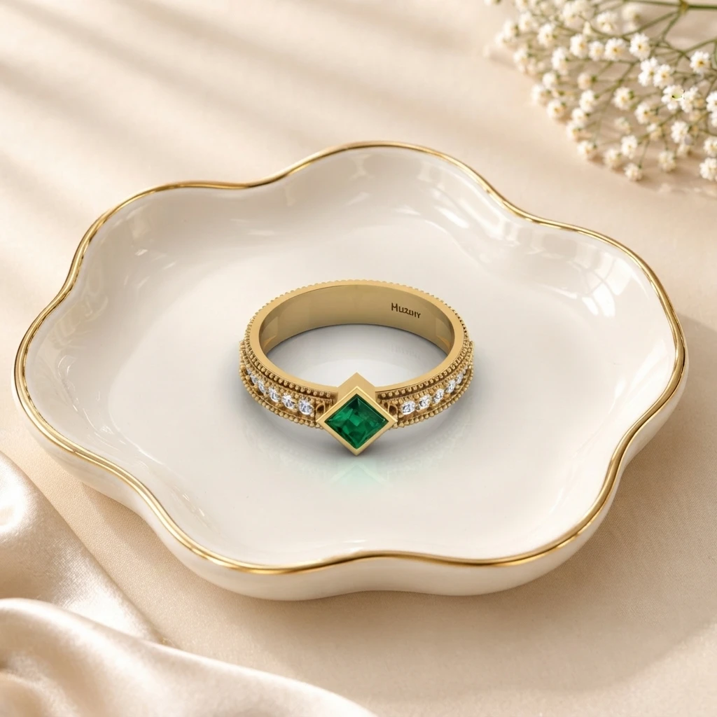 Gold-plated solitaire ring featuring a princess-cut green emerald with intricate milgrain detailing