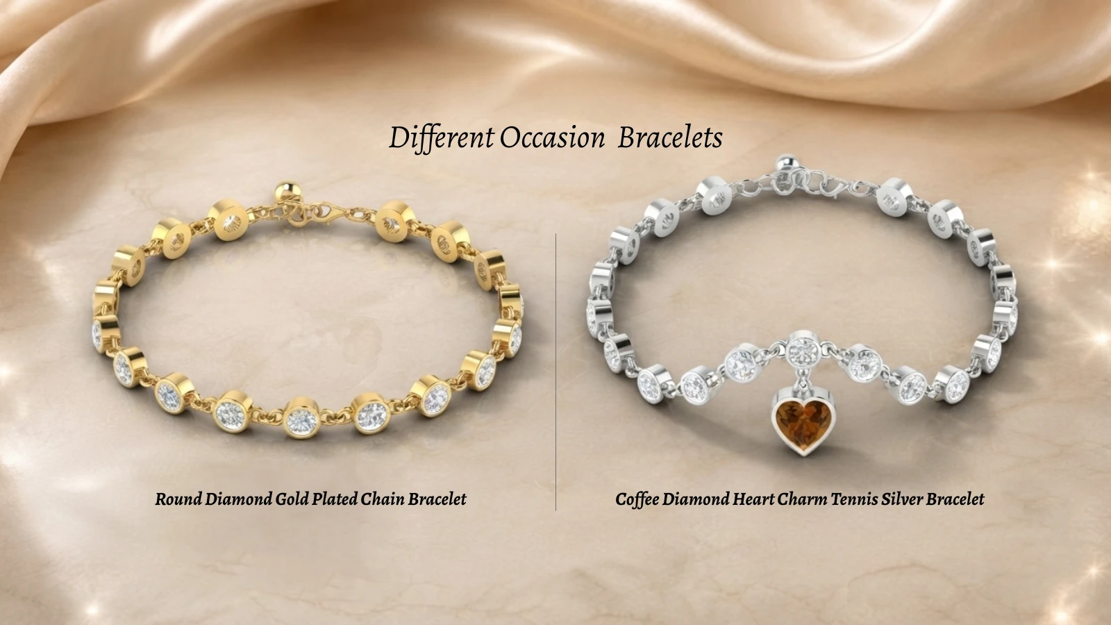 Side-by-side comparison of continuous round diamond gold-plated tennis chain beside a silver link bracelet with a hanging heart-shaped coffee diamond charm