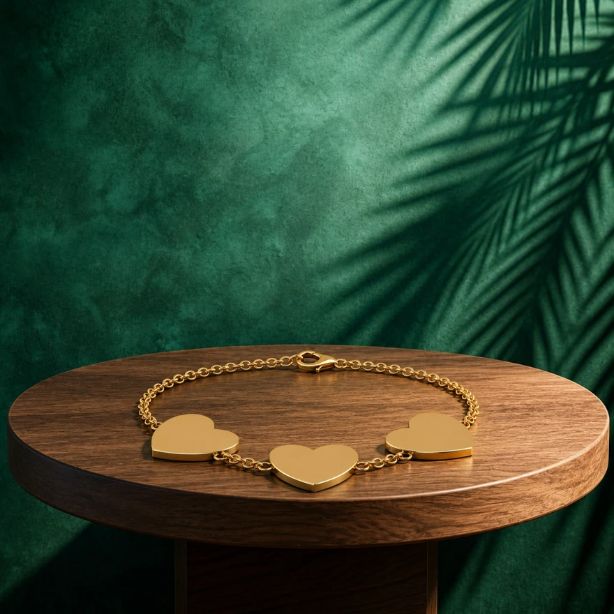 Three metal heart charms bracelet on a gold plated link chain with a lobster clasp closure