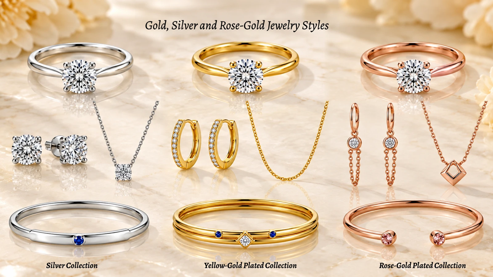 Gold, silver and rose-gold jewelry finishes shown in a contemporary arrangement