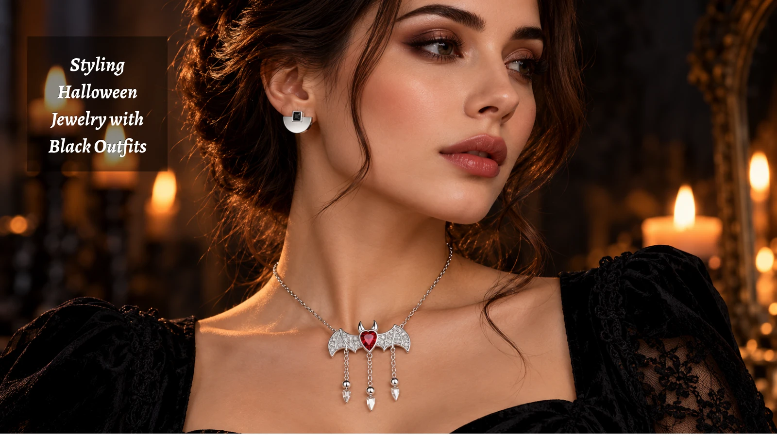 Woman styling silver stud earring or bat pendant necklace with a black outfit for Halloween