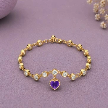 Tennis Amethyst Heart Charm Gold Filled Diamond Bracelet