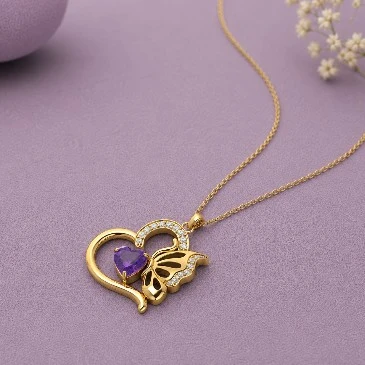 Amethyst Gold Plated Butterfly Heart Pendant