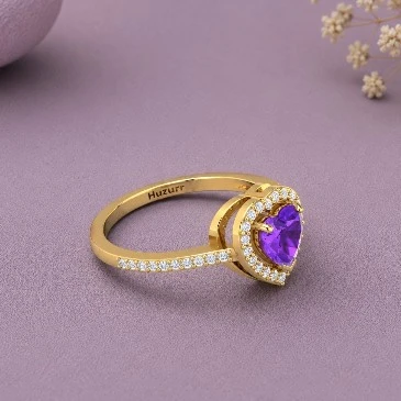 Heart Amethyst Diamond Gold Plated Halo Ring
