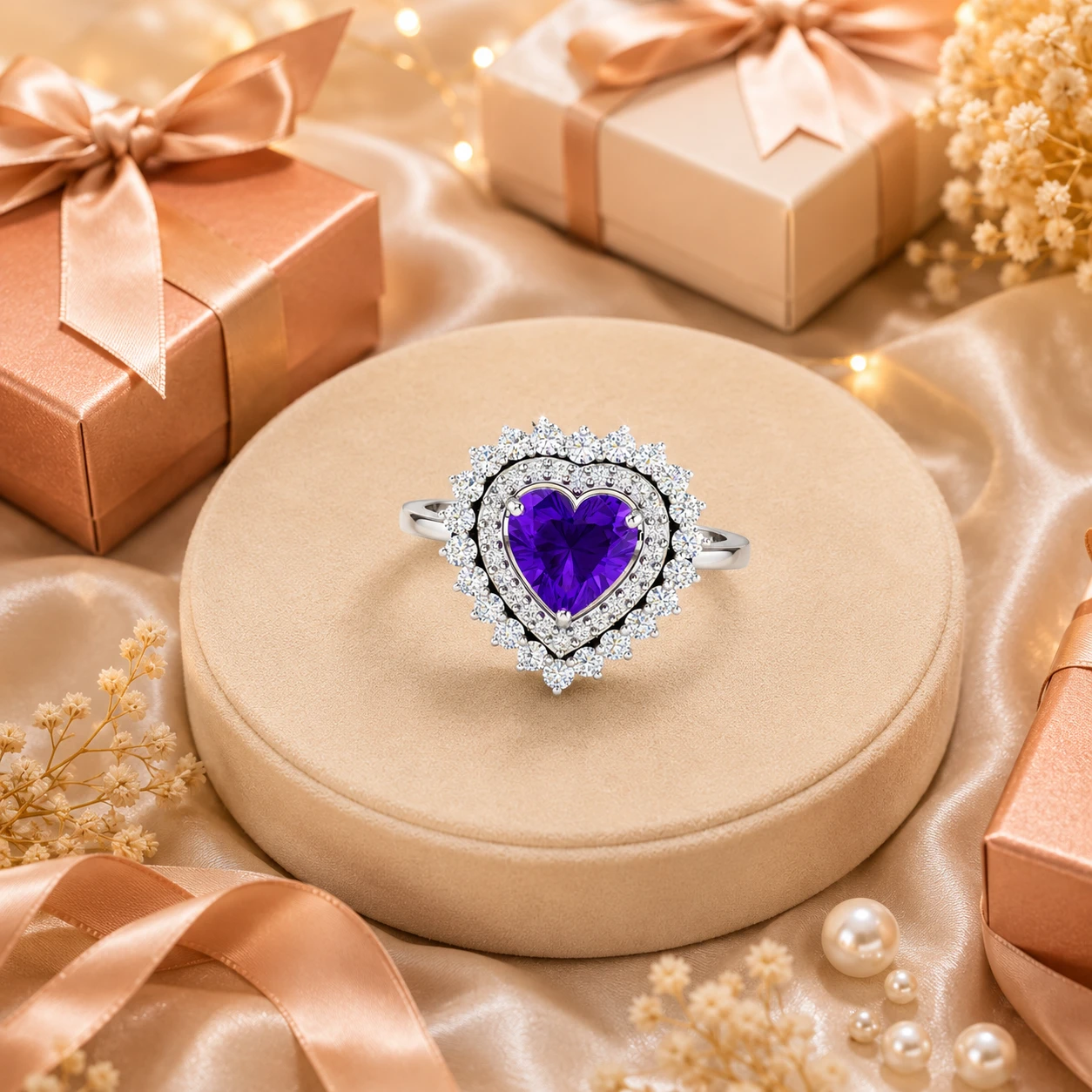 Vintage-style silver Victorian ring featuring a heart-shaped purple amethyst stone at the center, surrounded by a double halo of diamonds.
