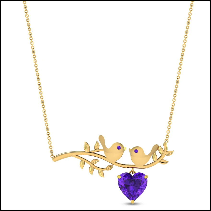 Two birds on a branch design pendant necklace in gold plating featuring a hanging heart cut purple amethyst gemstone