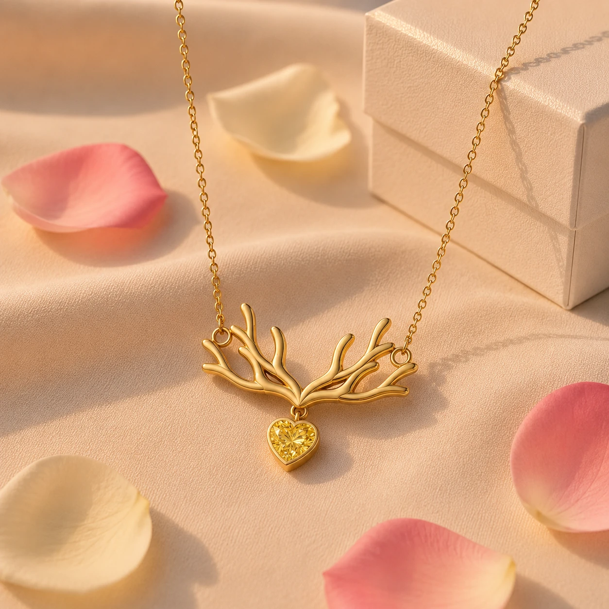 Heart-Cut Citrine Gold Plated Deer Antlers Necklace