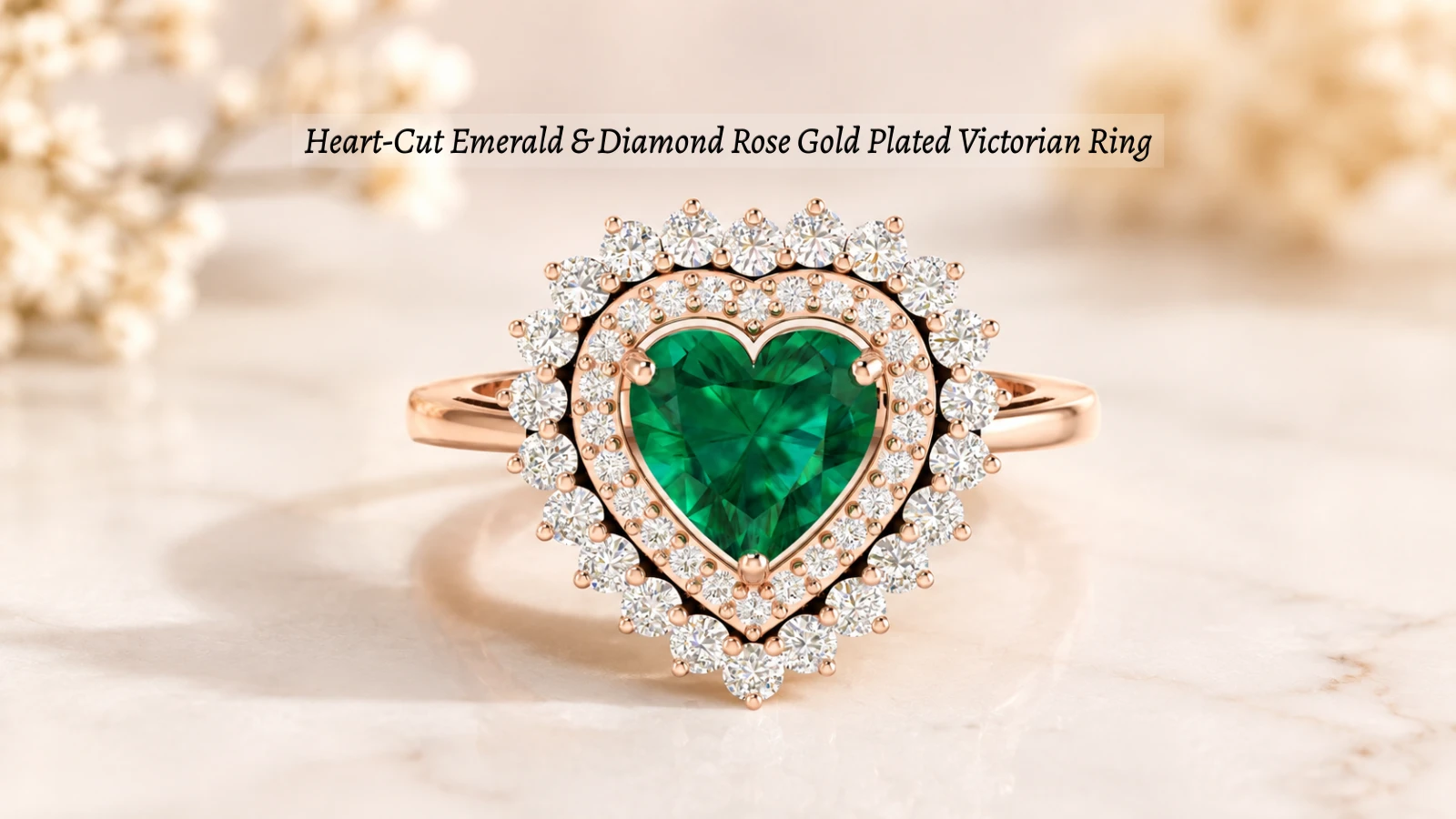 Heart-Cut Emerald & Diamond Rose Gold Plated Victorian Ring