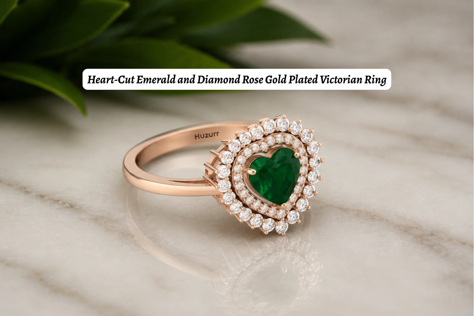 Heart-cut emerald and diamond rose gold plated victorian ring
