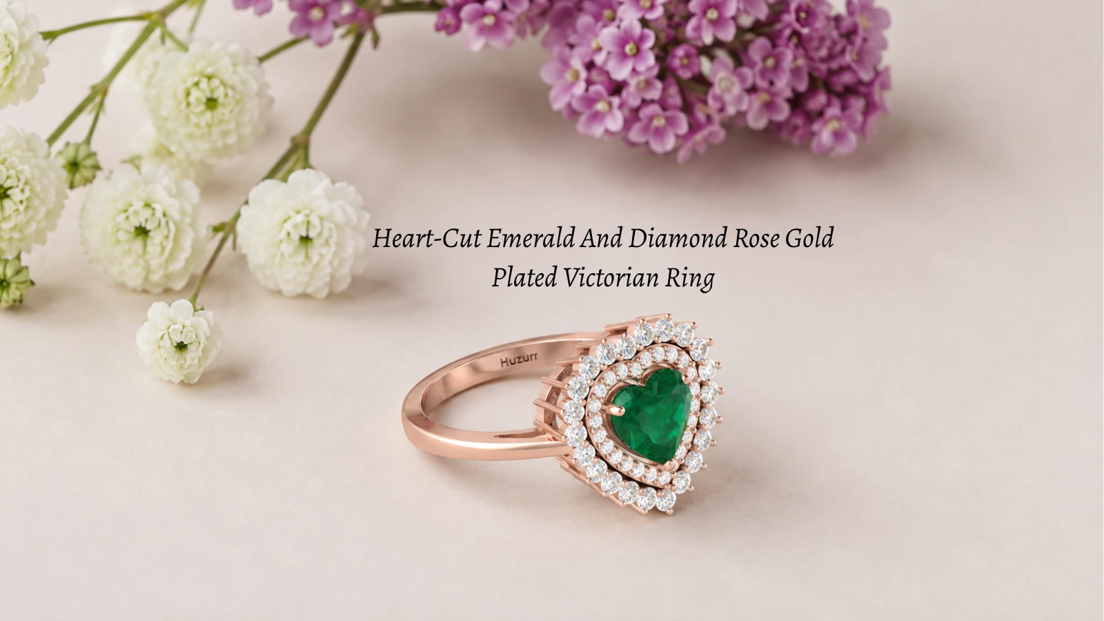 Heart-cut emerald and diamond Victorian ring with a rose gold-plated setting