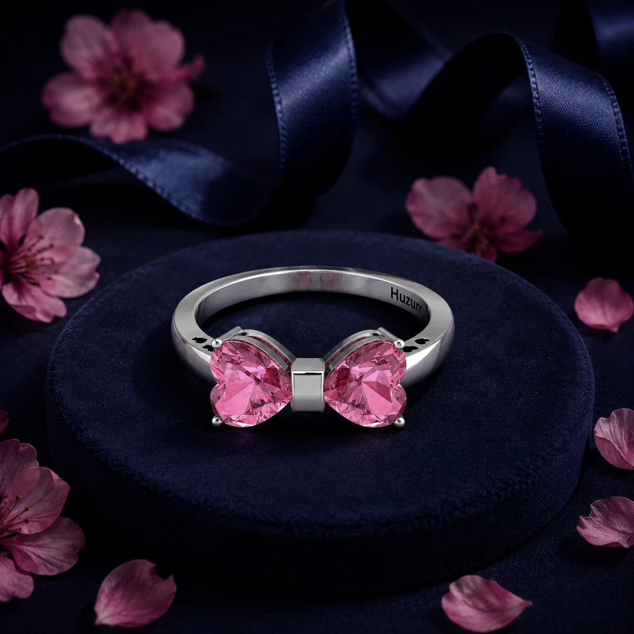 Silver petite sakura ring featuring two heart-shaped morganite also forming the bow loops