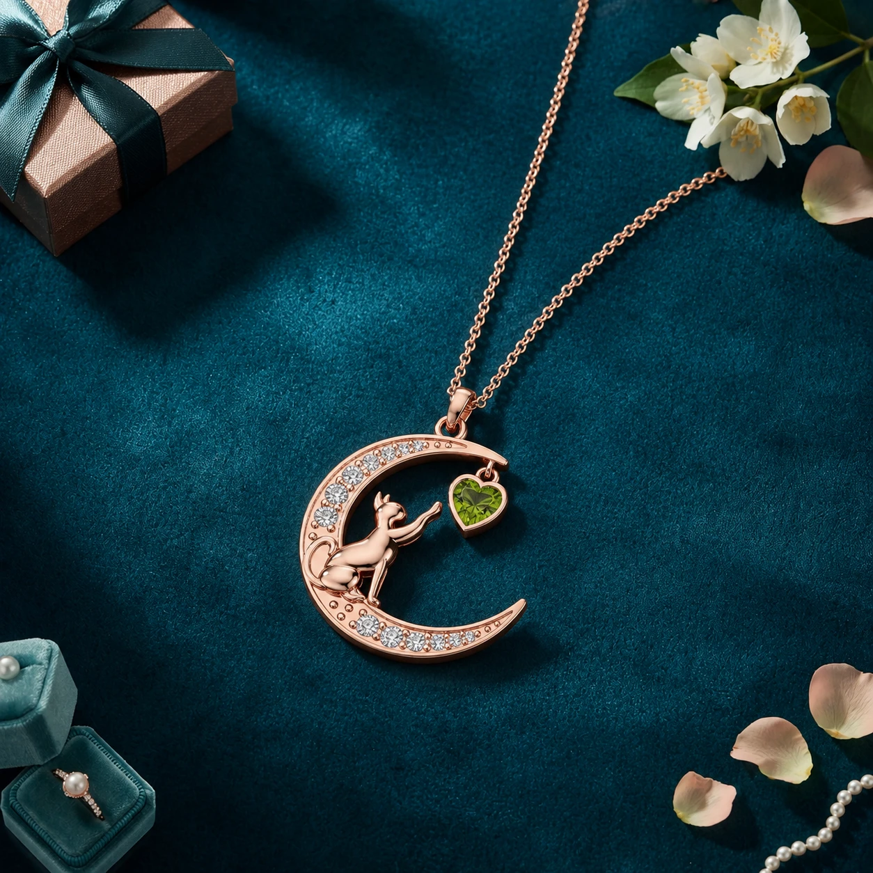 A charming cat resting on a crescent moon, featuring a glowing heart-cut peridot set in warm gold plating