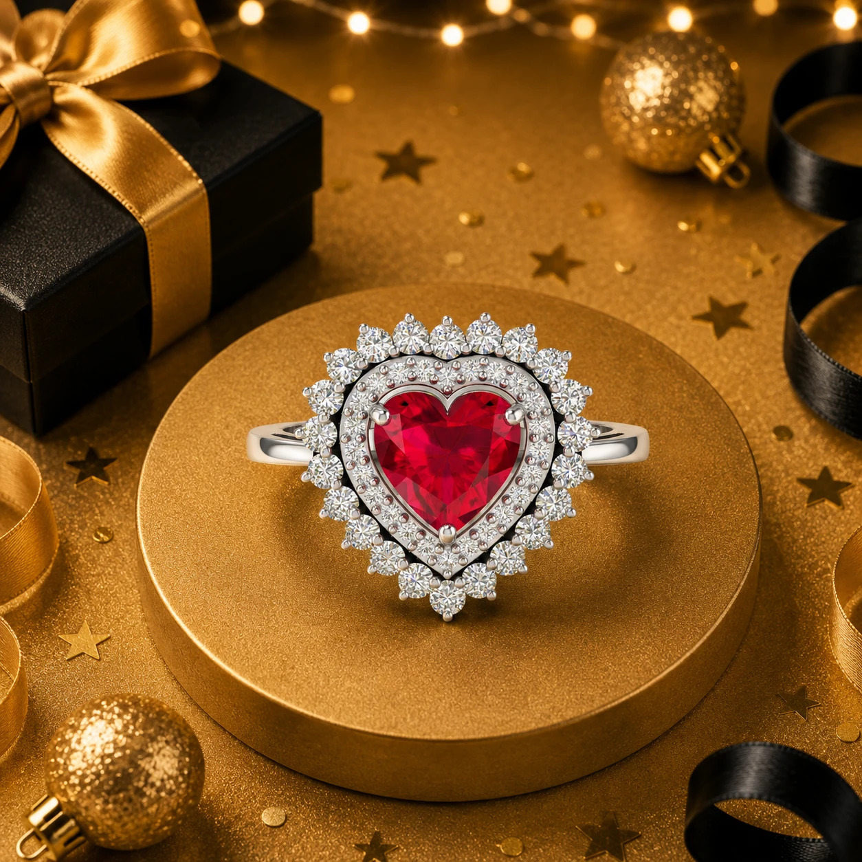 Heart-cut pink ruby​​ set on a silver band, surrounded by a double-tier starburst diamond halo