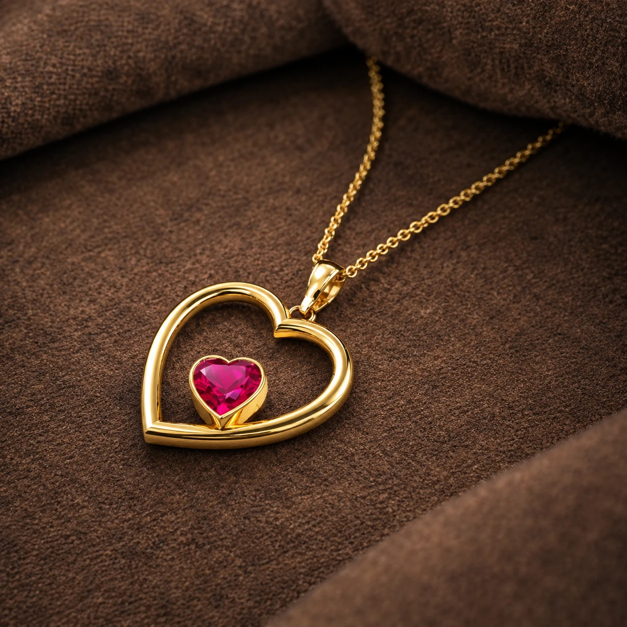 Heart-Cut Ruby Gold Filled Open Heart Pendant