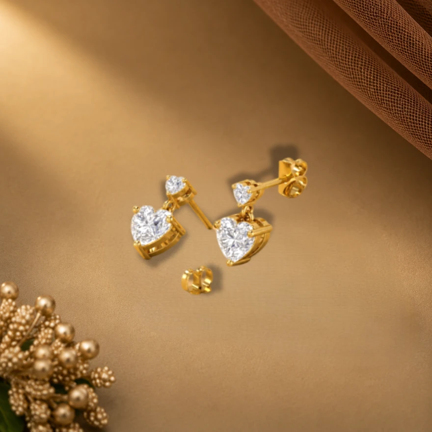 Pair of minimalist gold-plated drop stud earrings featuring brilliant heart-cut lab-grown white diamonds