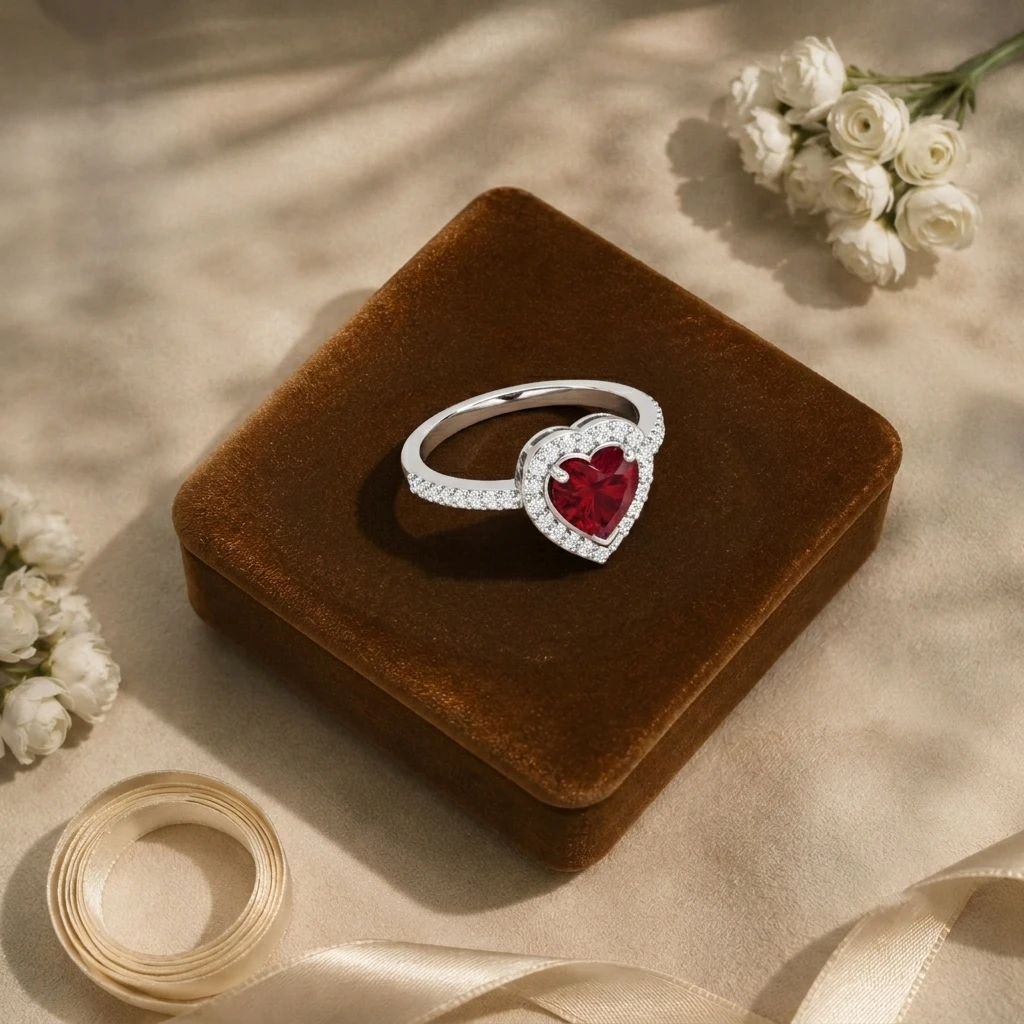 Deep red heart-cut garnet ring encircled by a sparkling diamond halo on a pave-set silver band