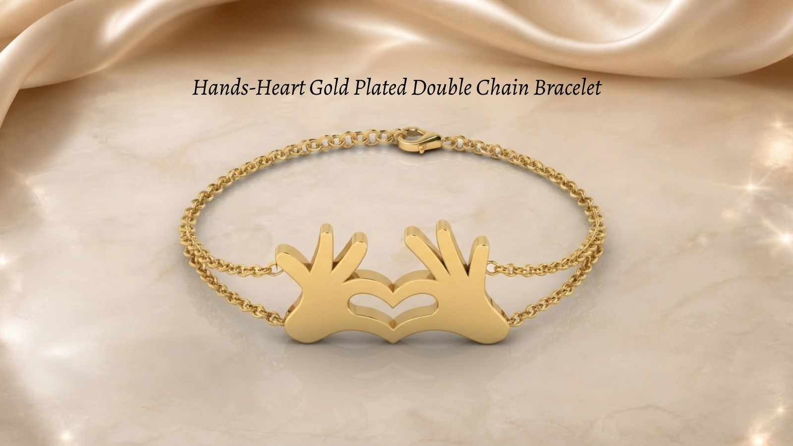 Heart-hands central charm design showcased on a double-strand gold-plated chain link bracelet