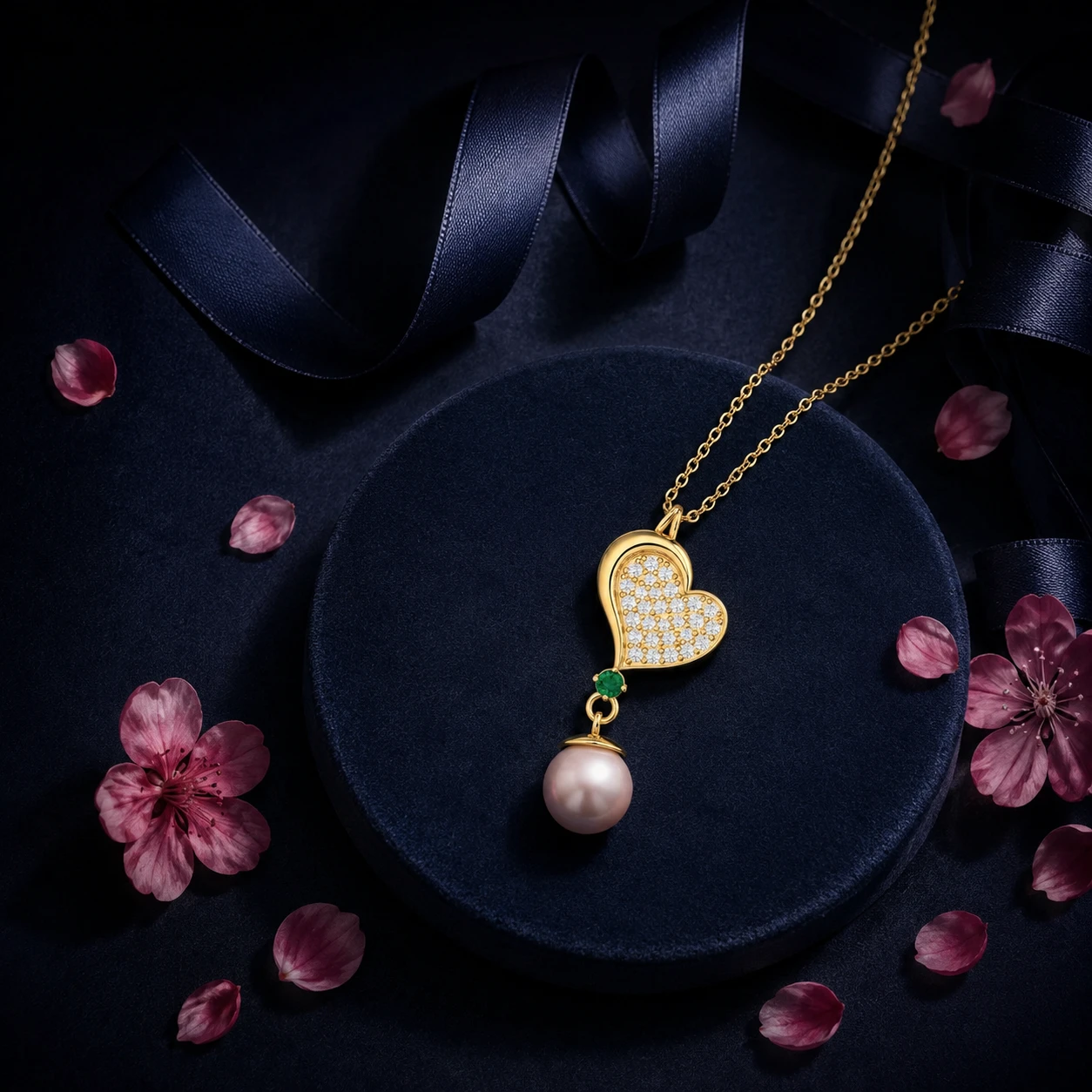 Gold-plated diamond pavé heart pendant necklace, featuring a small emerald and a dangling pink pearl.