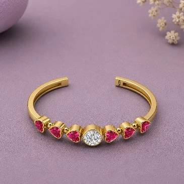 Round Diamond & Heart Ruby Gold Filled Cuff Bracelet