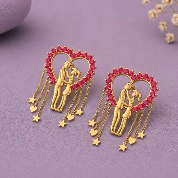Ruby Couple Heart Gold Filled Hanging Earrings