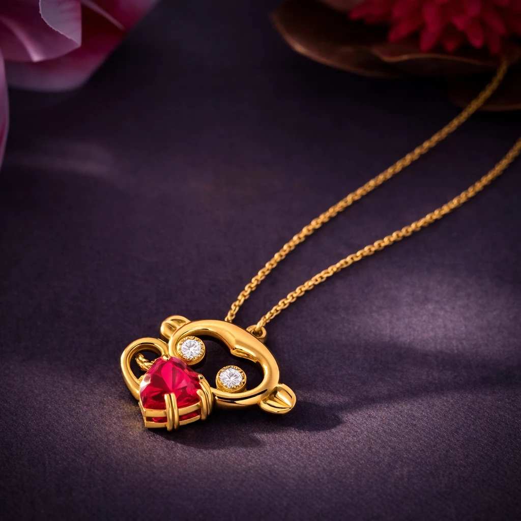 Heart Ruby Gold Filled Monkey Charm Pendant