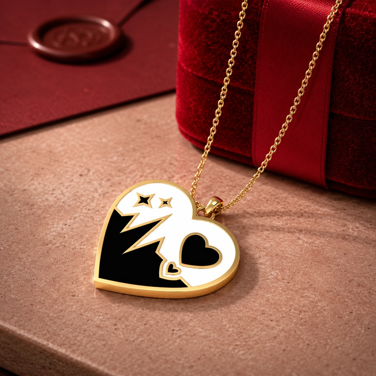 Heartbeat EKG line and star motifs detailed in black and white enamel on a heart-shaped gold plated pendant
