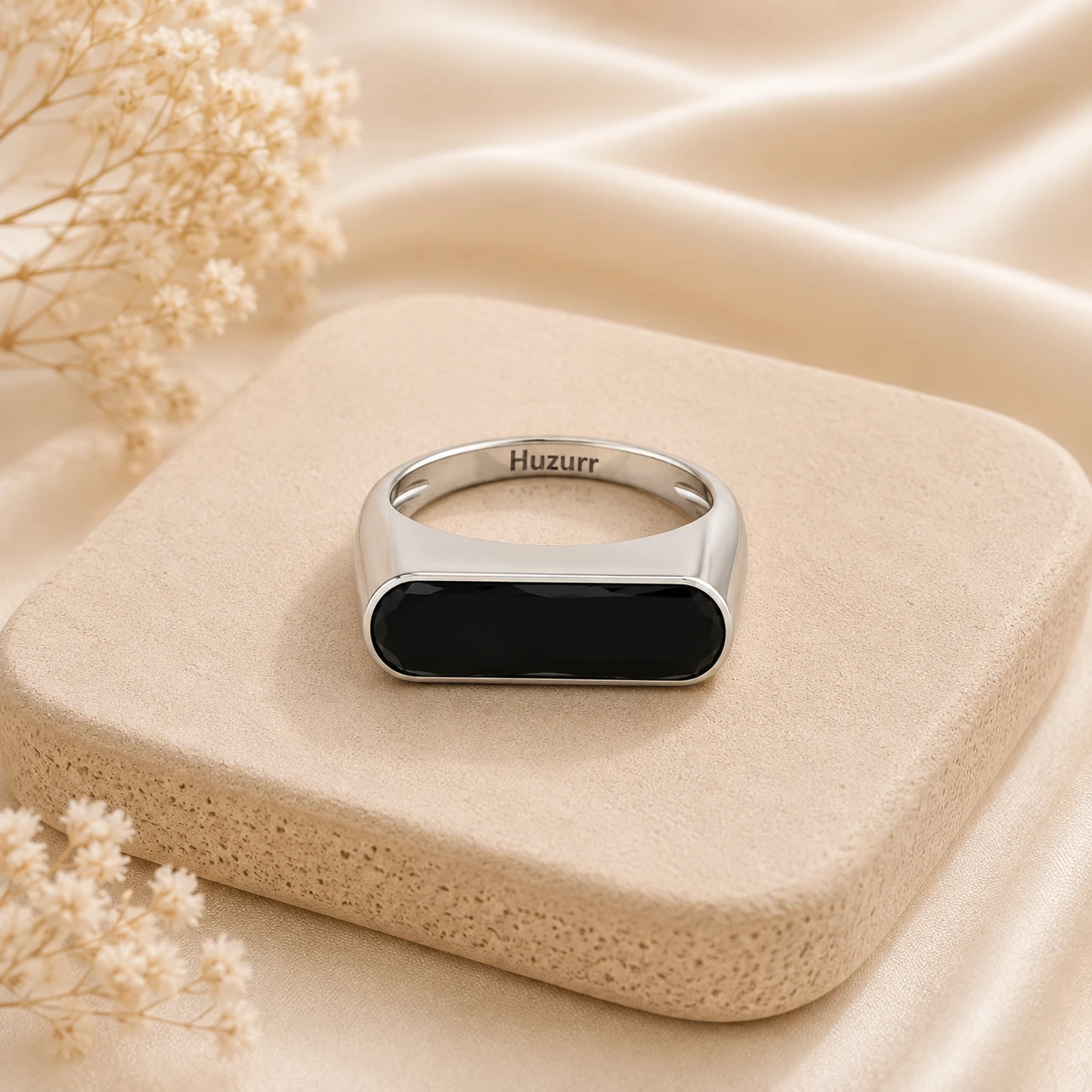 Horizontal long cushion cut black diamond signet ring in polished 925 sterling silver setting