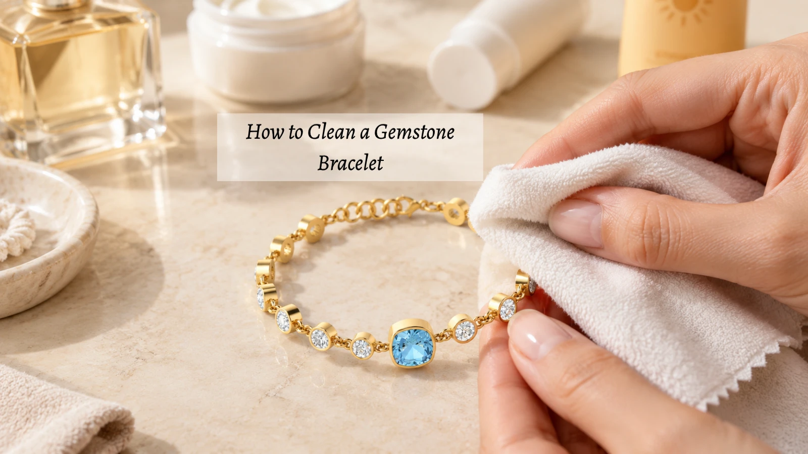 Gemtone bracelet being gently cleaned with a soft cloth