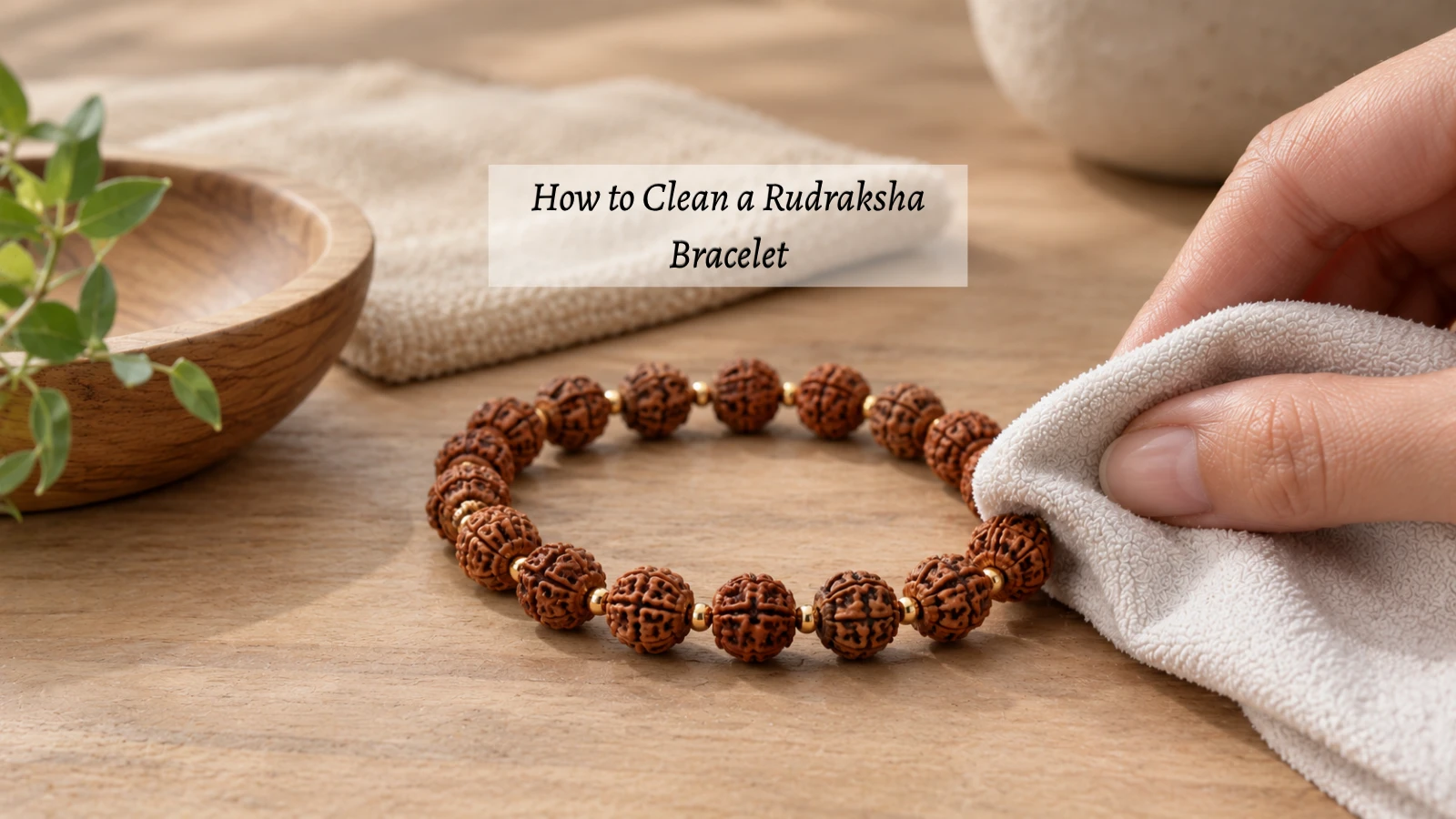 Rudraksha bracelet being gently cleaned with a soft dry cloth