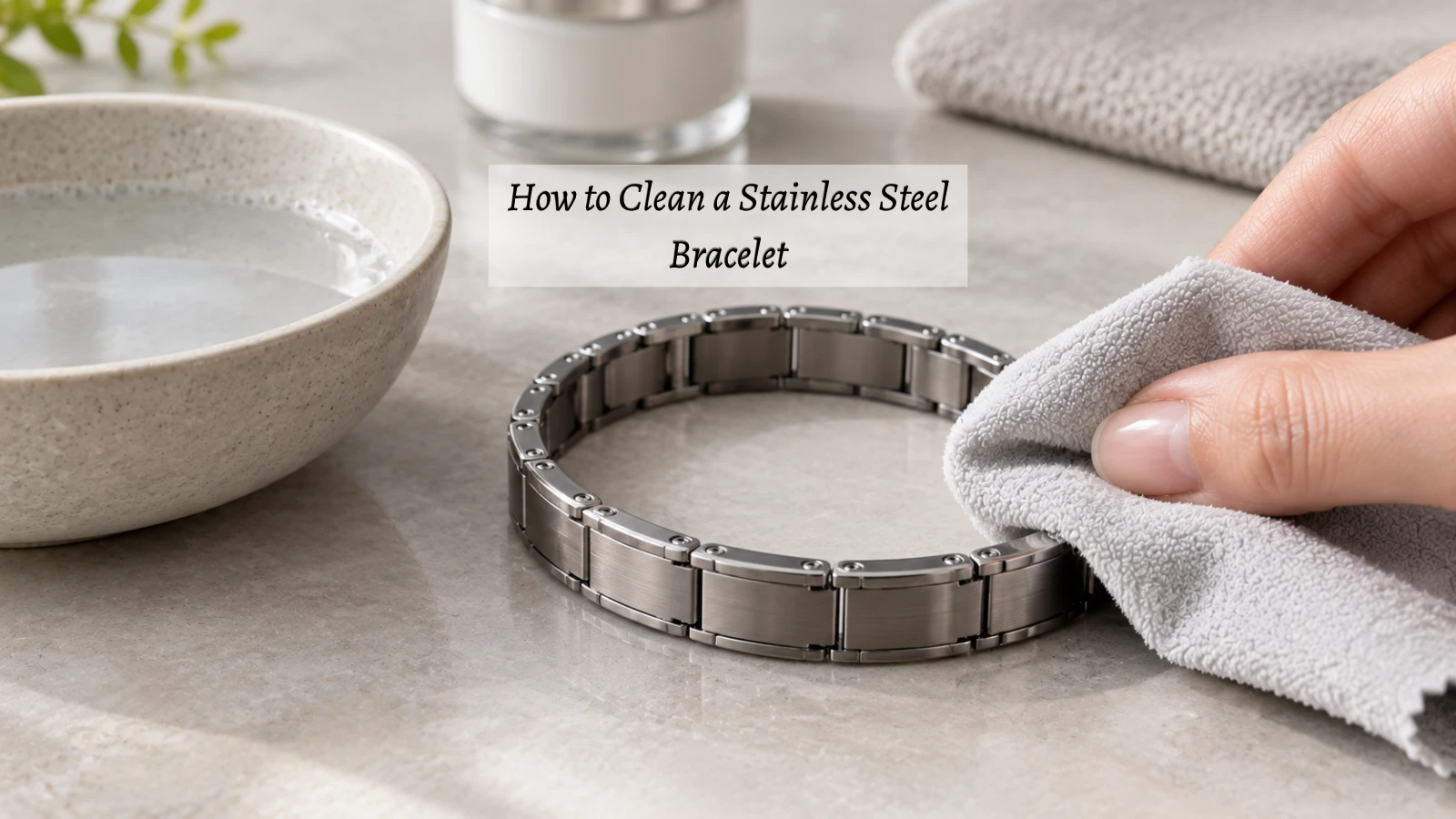 Stainless steel bracelet being cleaned with mild soap, lukewarm water, and a microfiber cloth