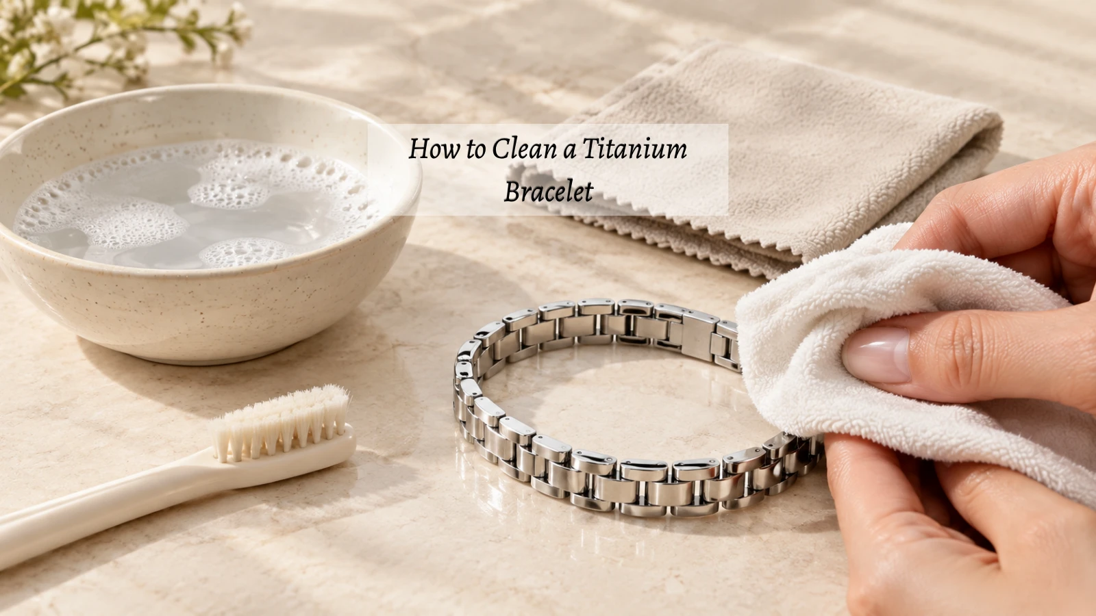 Titanium bracelet being gently wiped with a soft damp cloth