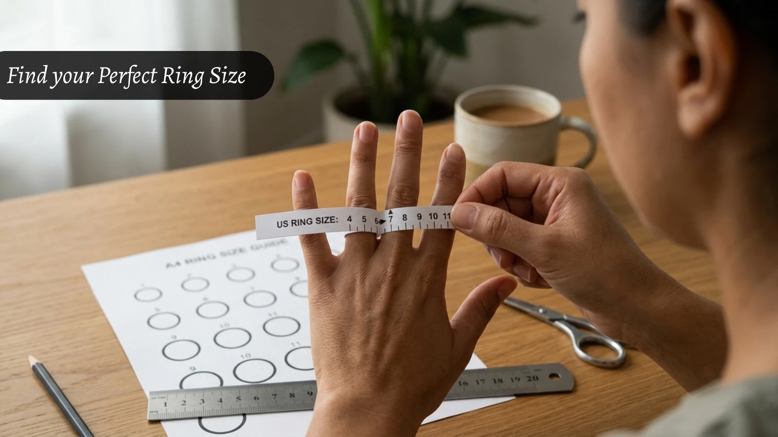 Measuring engagement ring size at home using a paper ring sizing tool