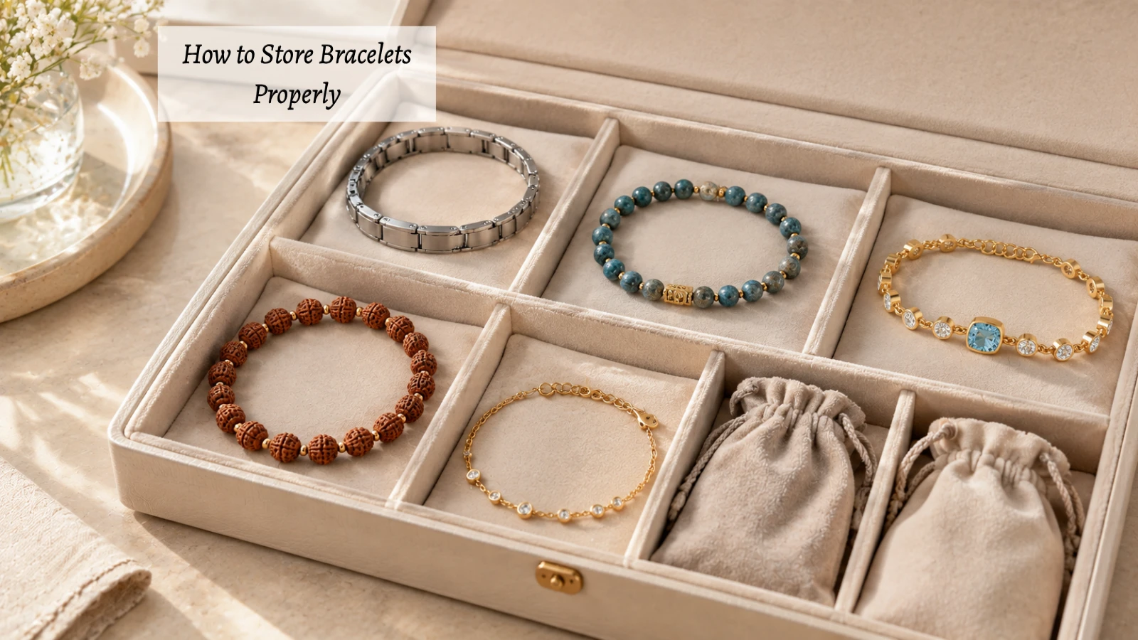 Bracelets stored separately in soft jewelry compartments to prevent scratches and tangling
