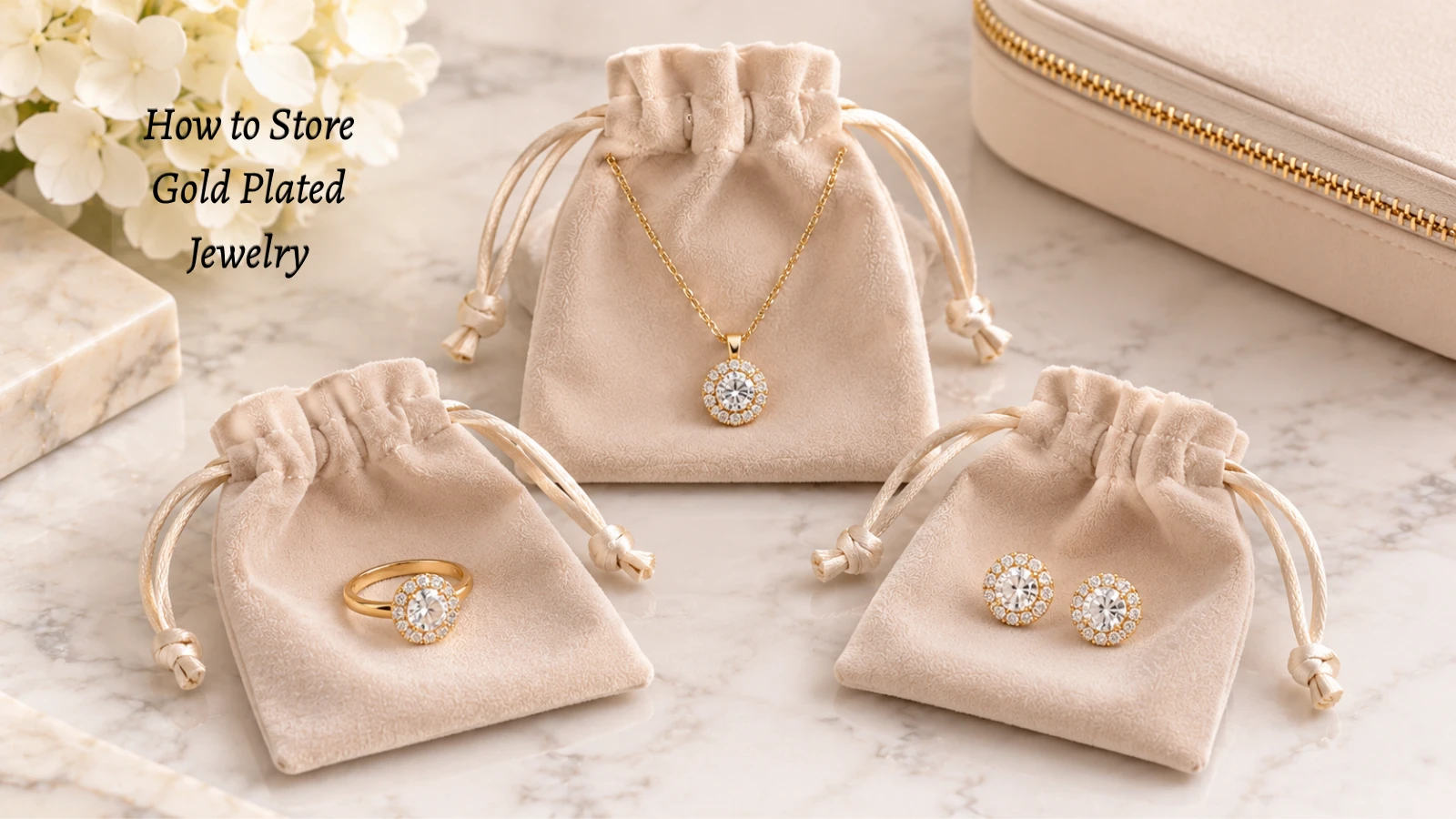 - Gold-plated rings, earrings, and necklaces stored separately in soft protective pouches.