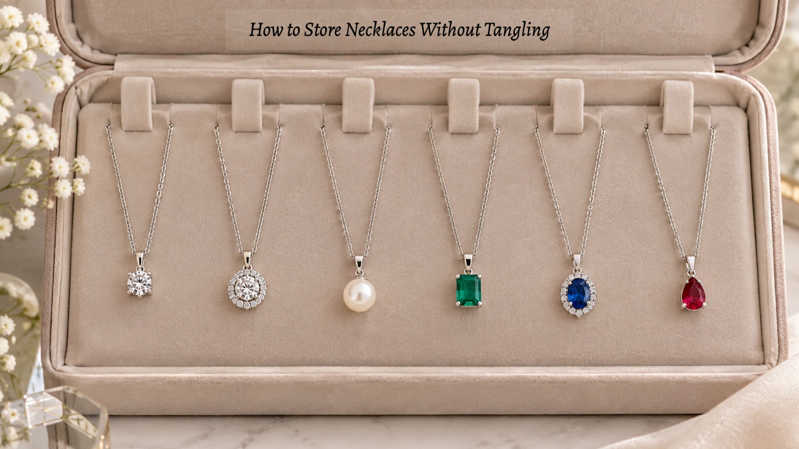Necklaces stored separately on individual jewelry organizer hooks to prevent tangling
