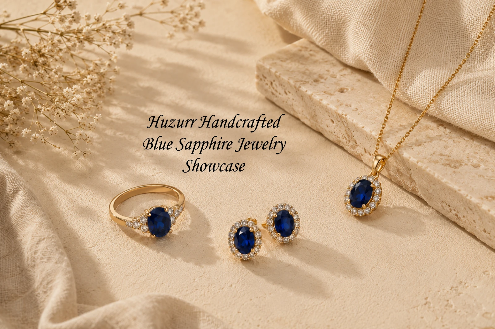 Collection display of handcrafted blue sapphire rings, pendants, and custom jewelry. Shop at Huzurr