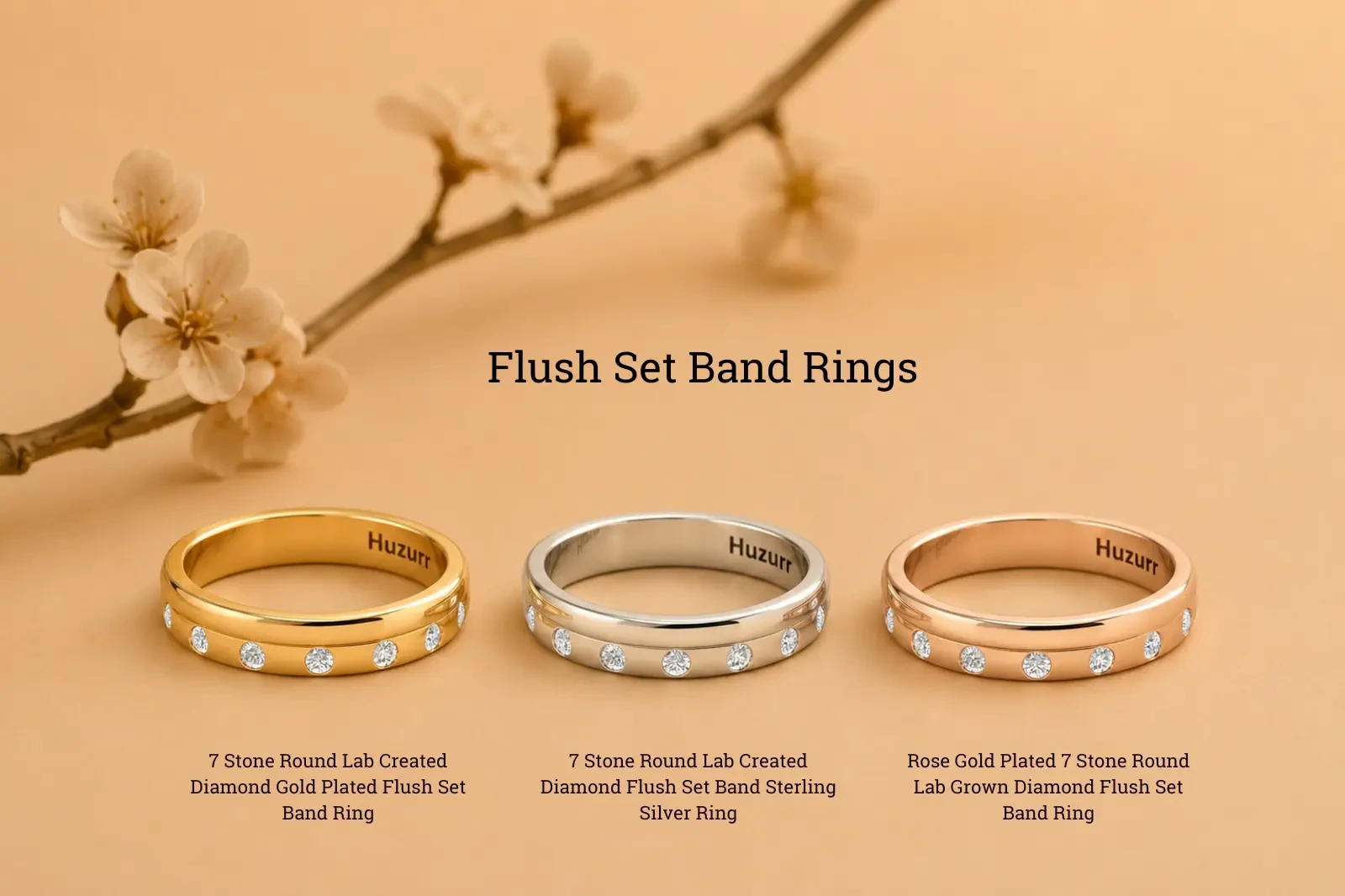Seven stone round lab grown diamond flush set band rings in rose gold yellow gold and sterling silver