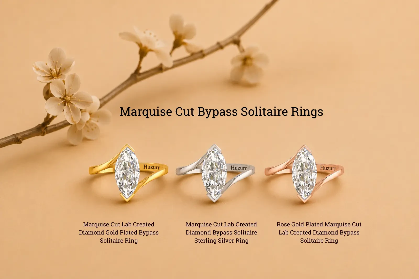 Marquise cut lab grown diamond bypass solitaire engagement rings in rose gold yellow gold and silver finishes
