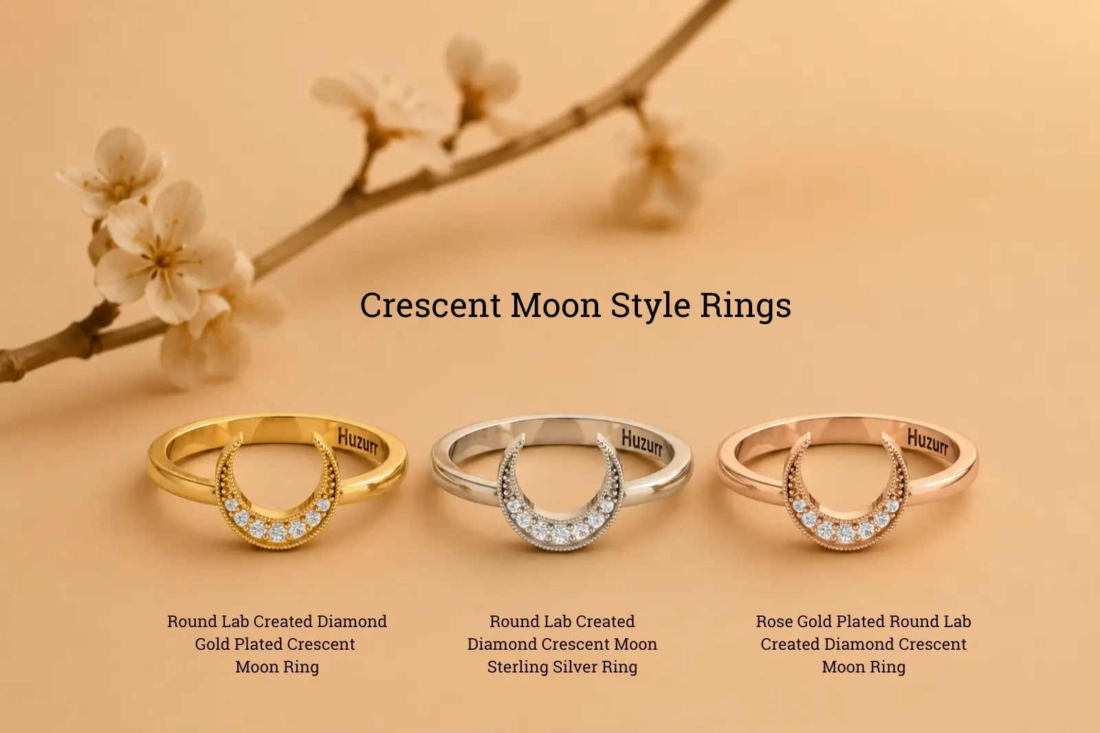 Celestial crescent moon ring featuring round lab grown diamonds in rose gold gold plated and sterling silver